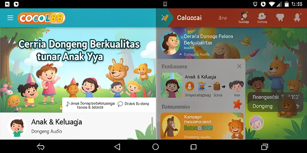 Antarmuka COCOL88 yang ramah anak dengan pilihan dongeng audio.