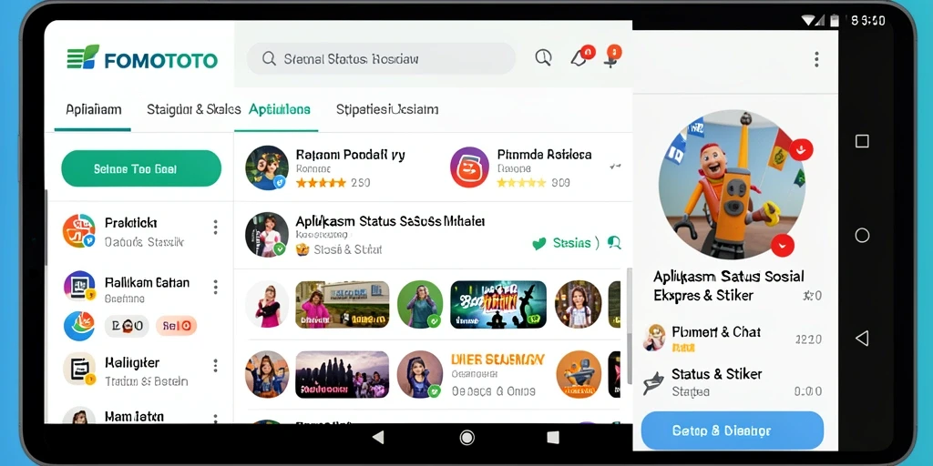 Tampilan antarmuka FOMOTOTO dengan stiker dan status menarik.